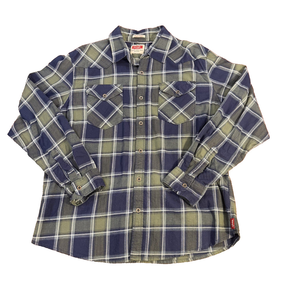 Wrangler Shirt Mens XL Olive Plaid Flannel Button Down Flex For Comfort Western